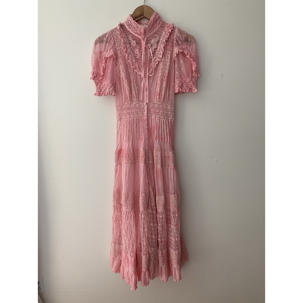 Love Shack Fancy Priya Lace And Swiss Dot Maxi Dress Pink Cottagecore Prairie
